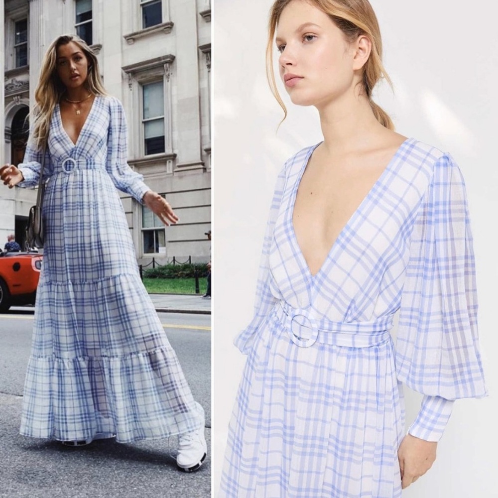 Bec + Bridge Alexa Blue White Gingham V Neck Belted Maxi Dress US 2